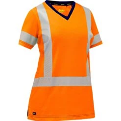 Bisley By PIP Shirts: Women's 313W1118H O Orange ANSI Type R Class 2 Short Sleeve V Neck T-Shirt